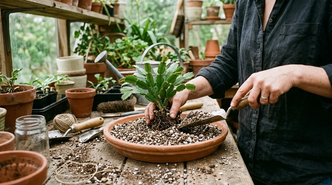 Repotting a Christmas cactus into a terracotta pan with gritty free-draining compost on a potting bench
