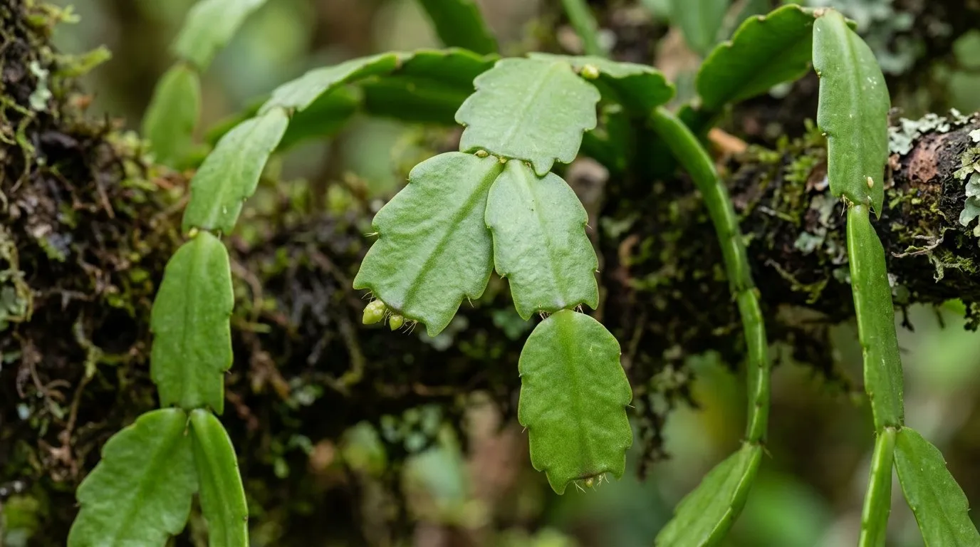 Close-up of flattened scalloped Christmas cactus stem segments showing the epiphyte growth habit
