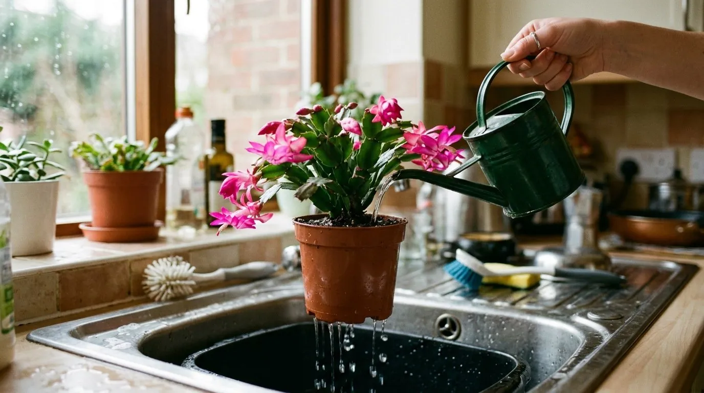 Watering a Christmas cactus at a kitchen sink until it drains through the pot