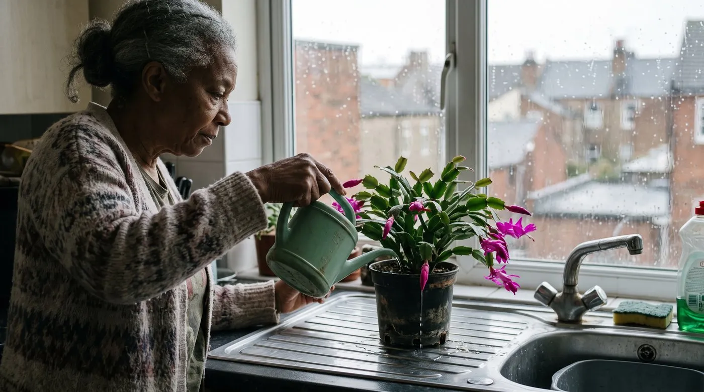 Woman watering a flowering Christmas cactus on a sink draining board until water runs from the pot