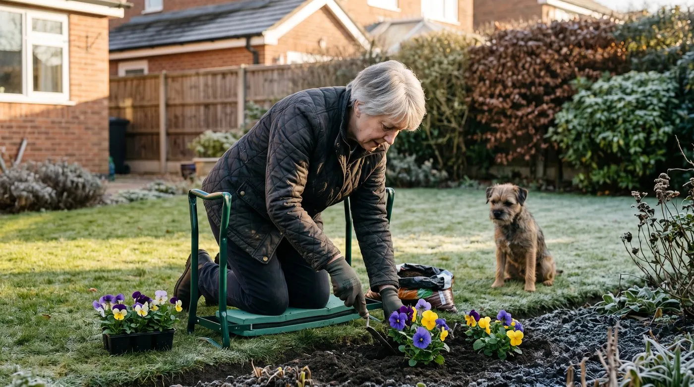 Older gardener kneeling on a padded kneeler with handles to plant winter pansies, with a terrier nearby