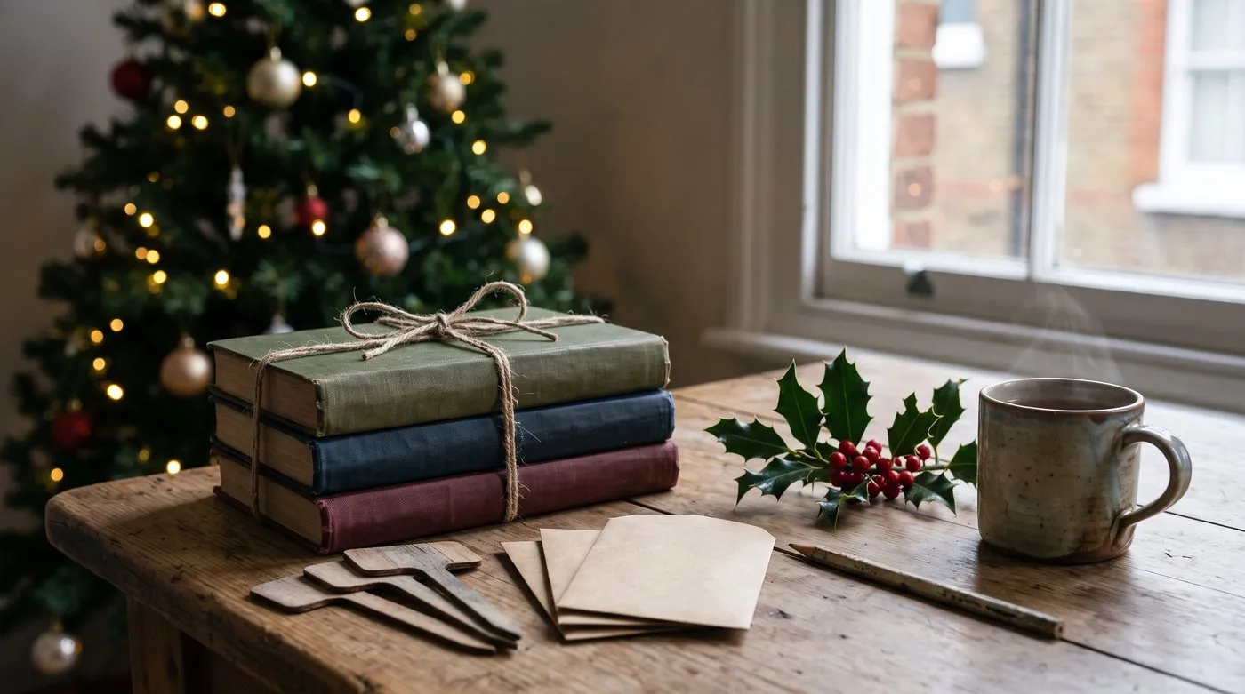 Plain gardening books tied with twine beside brown seed envelopes and wooden plant labels on a table