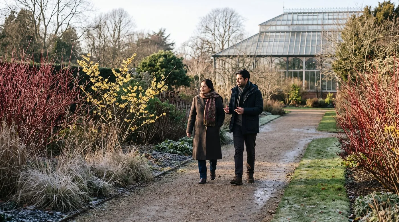 Two visitors walking past red dogwood stems and yellow witch hazel in a public garden in winter