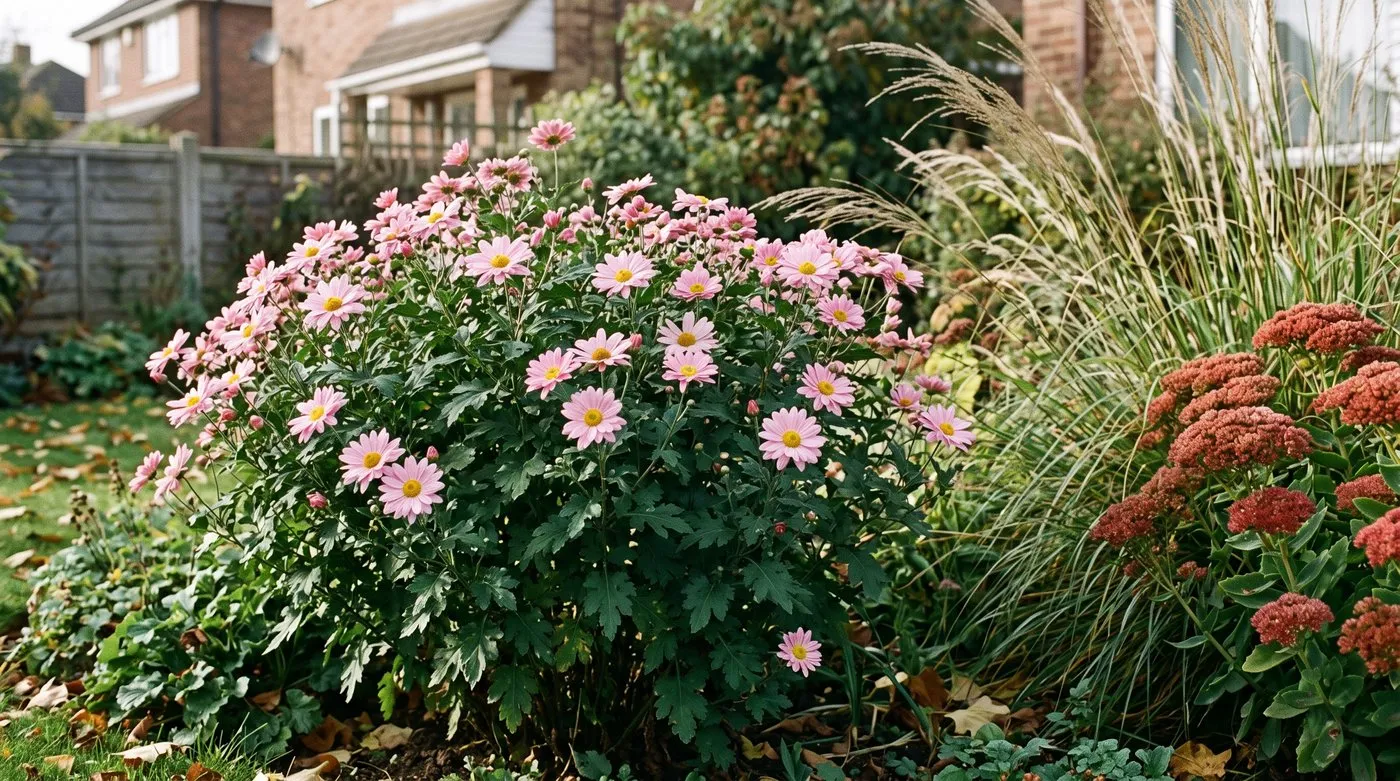 Clump of soft pink single chrysanthemums with yellow centres beside grasses and sedum in autumn