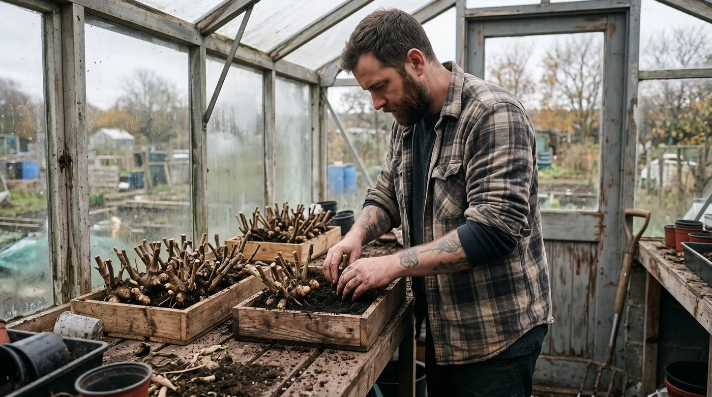 Man packing cut-back chrysanthemum roots into a box of compost in a greenhouse for winter