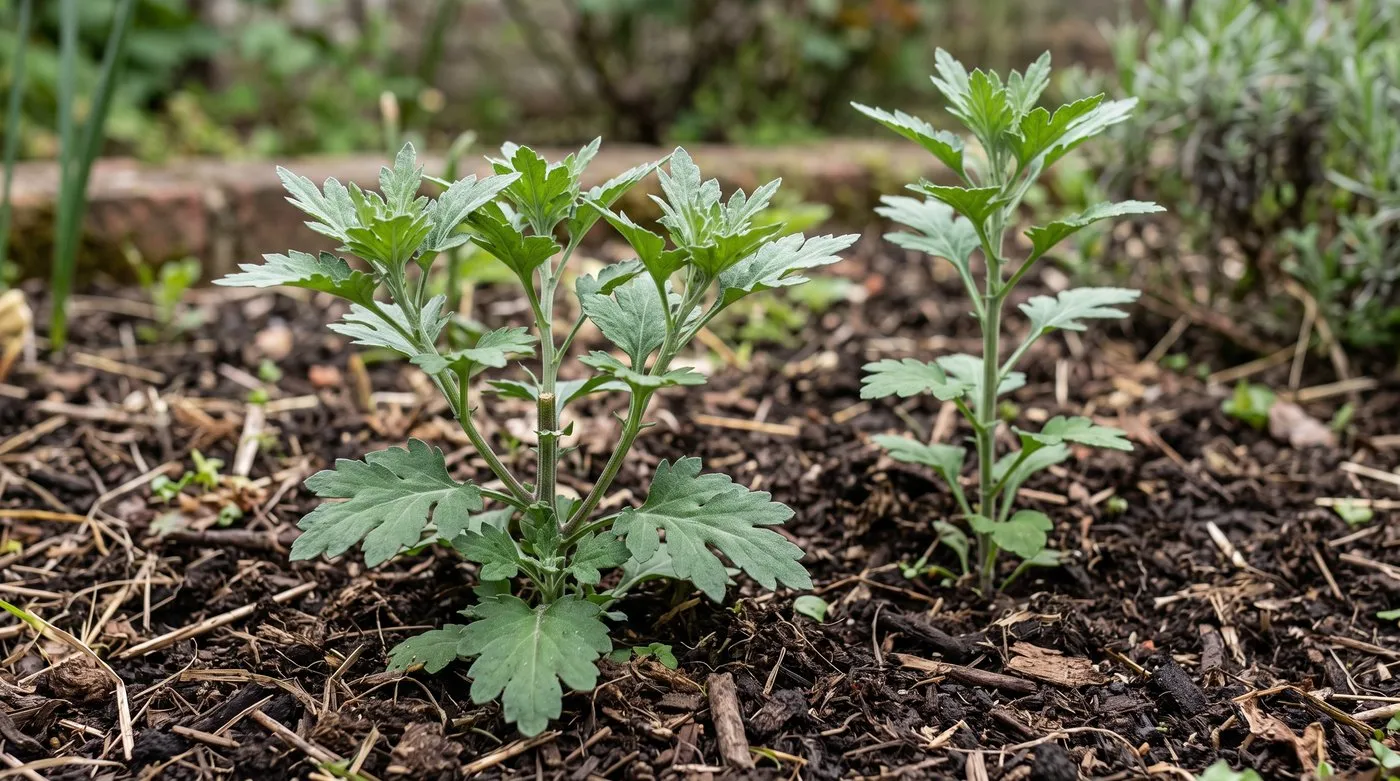 Pinched chrysanthemum with several side shoots beside an unpinched plant with one tall stem
