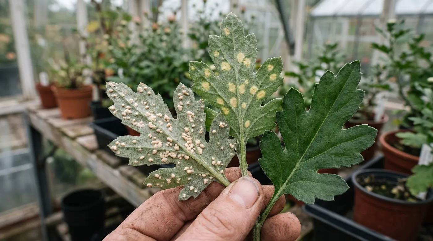 Underside of a chrysanthemum leaf with raised pale white rust pustules beside a healthy leaf