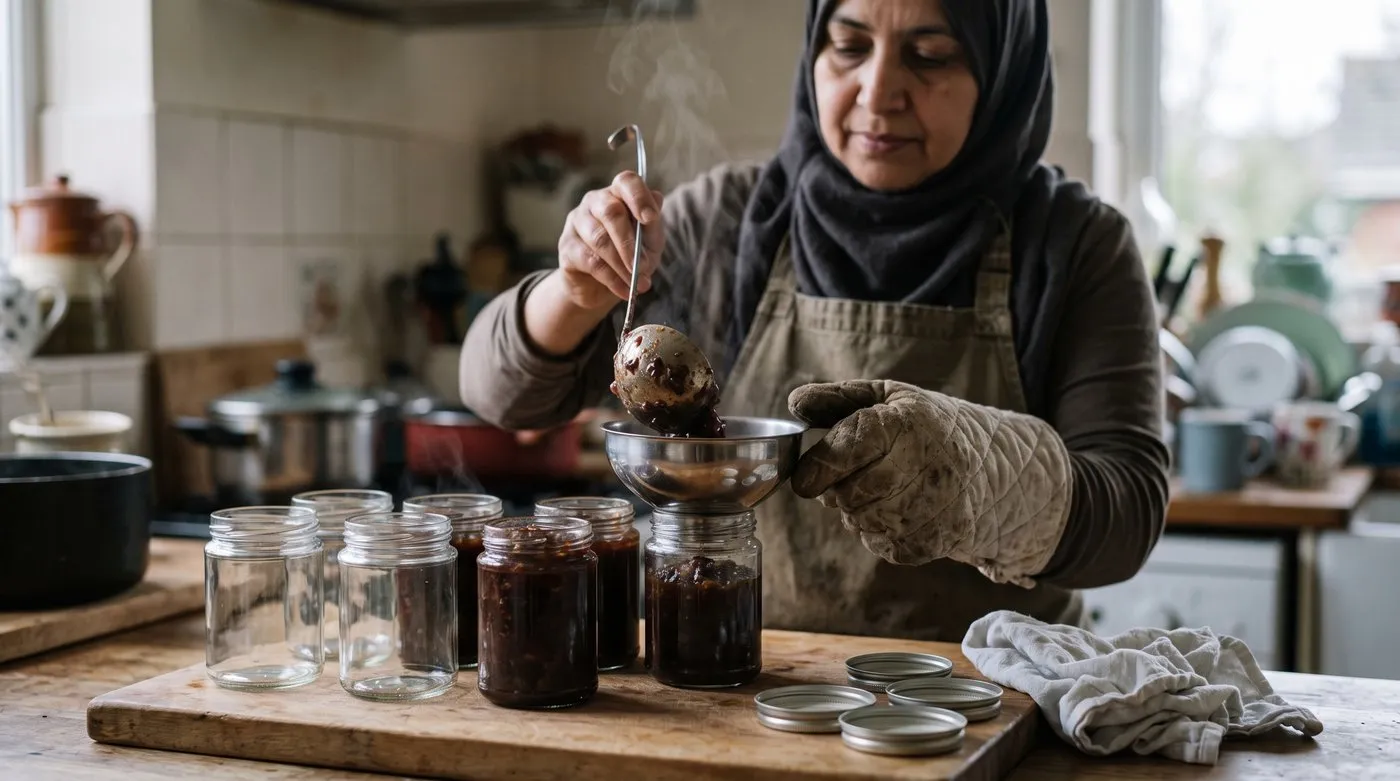 Woman ladling hot chutney through a jam funnel into hot sterilised jars with new lids ready