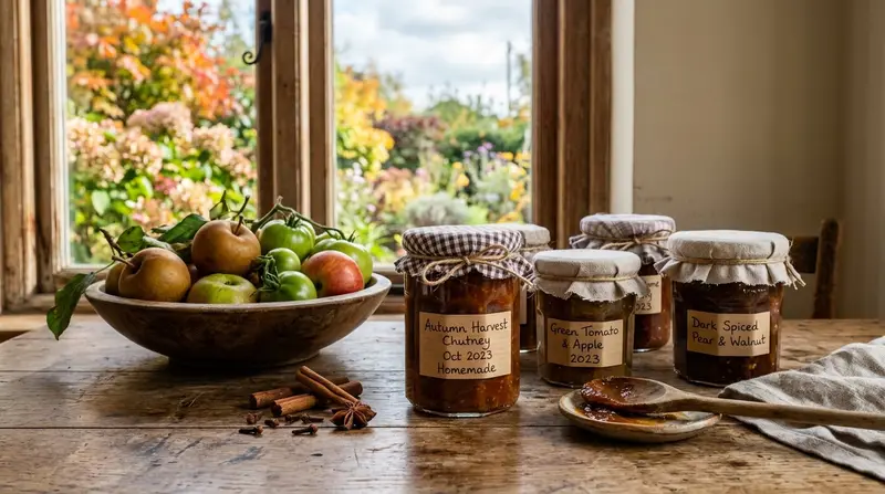 Sealed glass jars of homemade green tomato and apple chutney cooling on a kitchen worktop