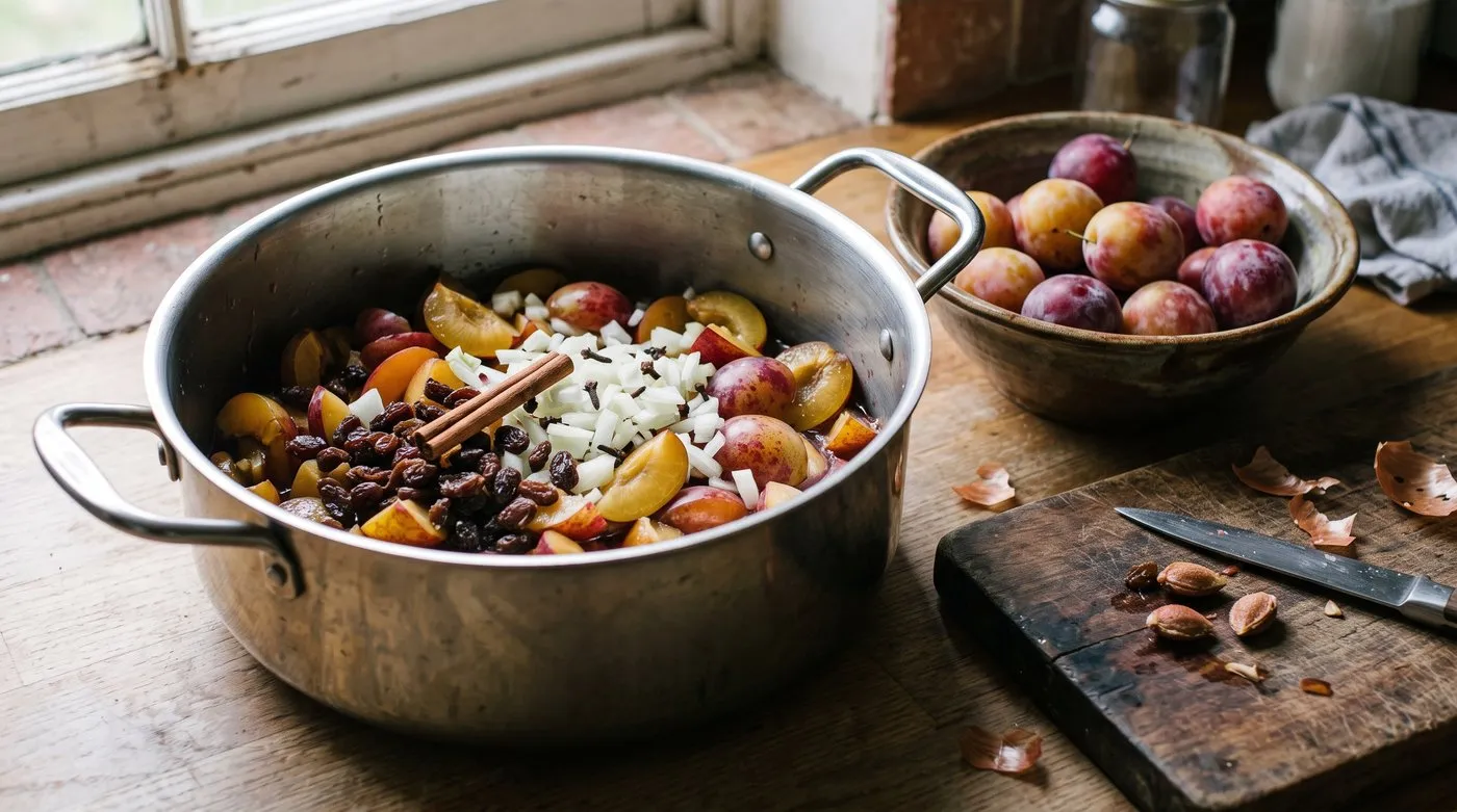 Stoned Victoria plums with raisins, onion and whole spices in a stainless steel pan for plum chutney
