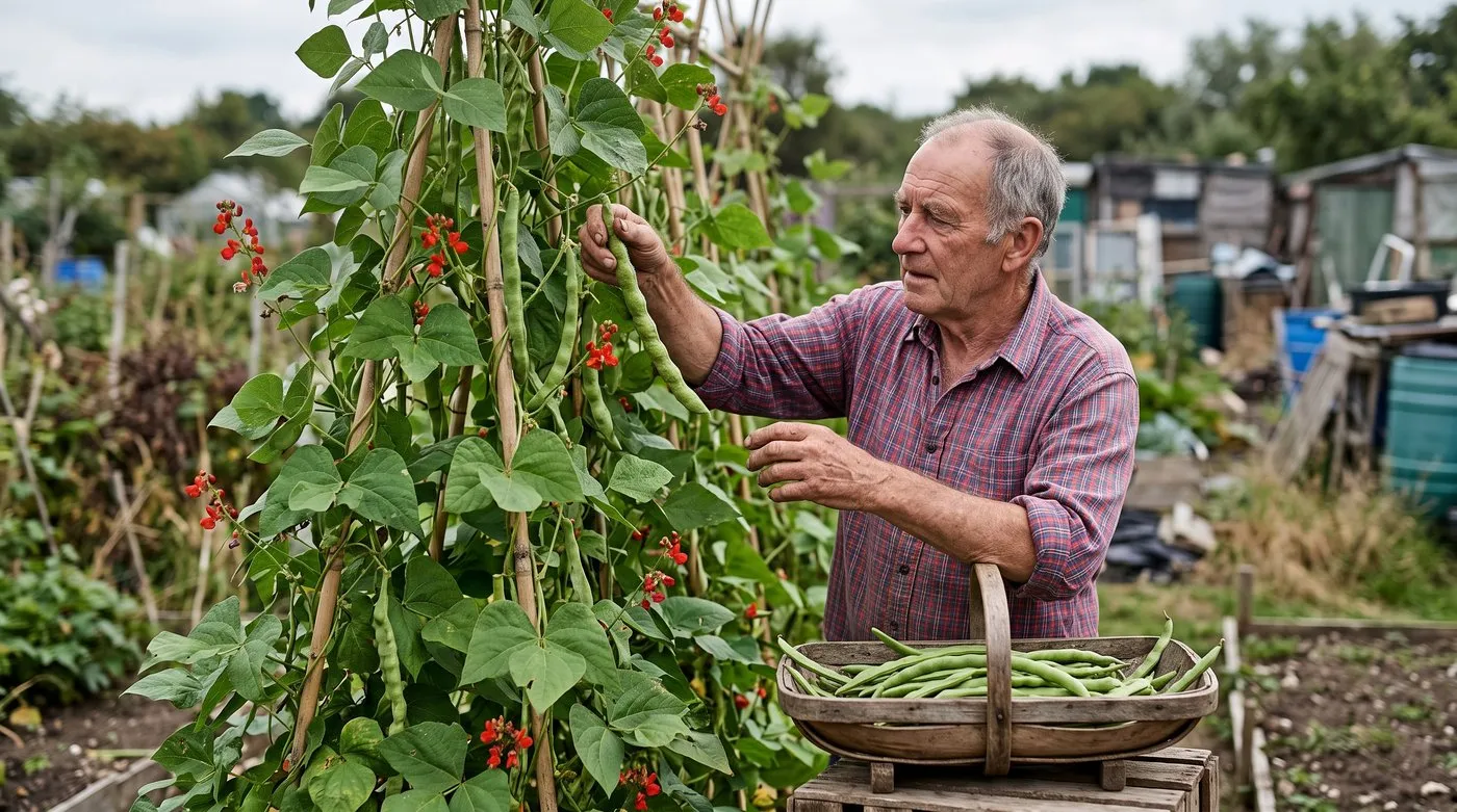 Older man picking a glut of large runner beans into a trug on a UK allotment for chutney