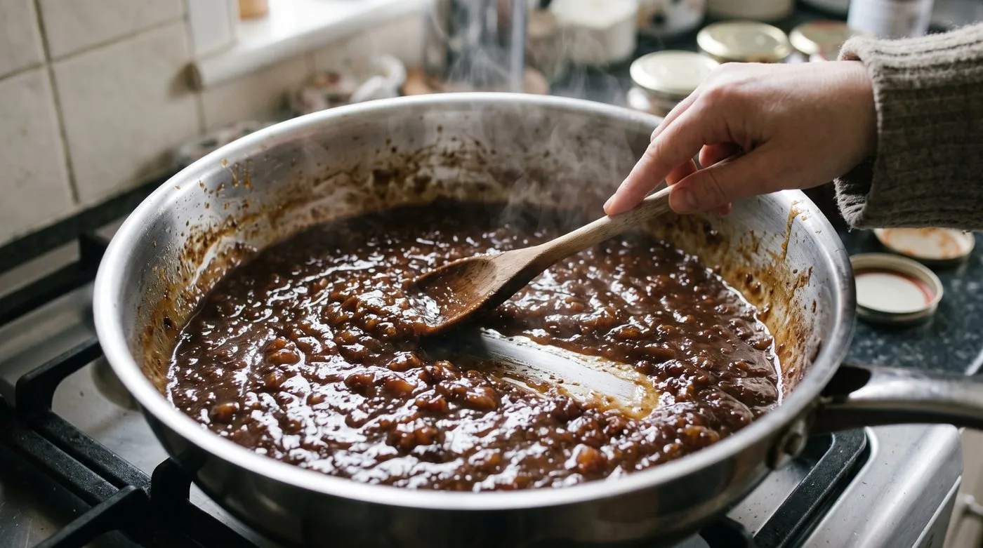 Wooden spoon leaving a clear trail across the base of a pan of thick chutney, showing it is ready
