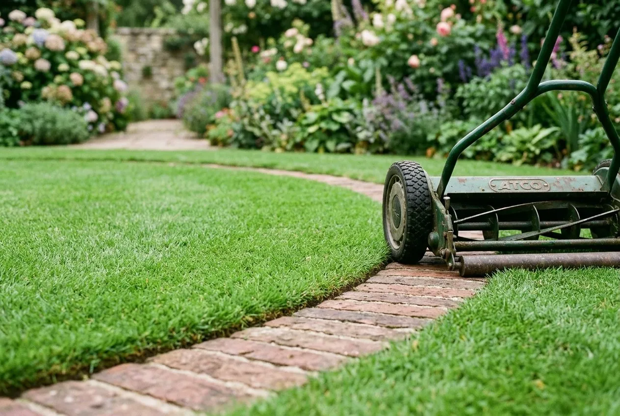 A close view of a flush brick mowing strip curving around the edge of a circular lawn, the mower wheel running along the brick