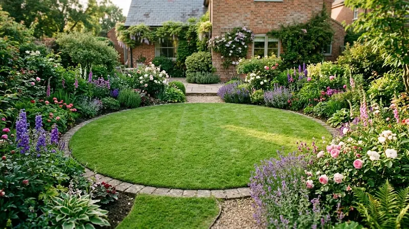 A neat circular lawn in a UK garden surrounded by deep planted borders, seen from a raised angle