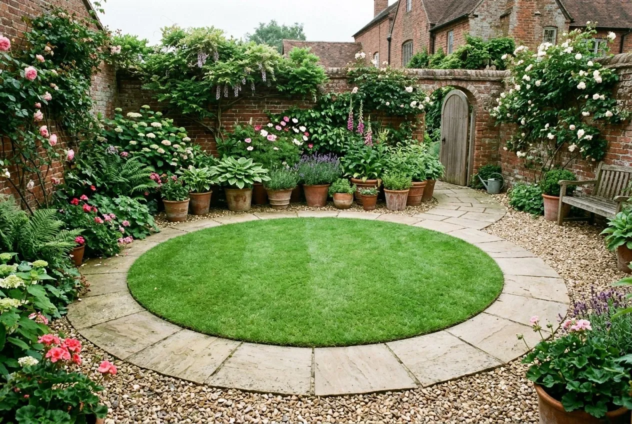 A small circular turf lawn set like a green rug into a paved courtyard garden, surrounded by gravel, pots and planting
