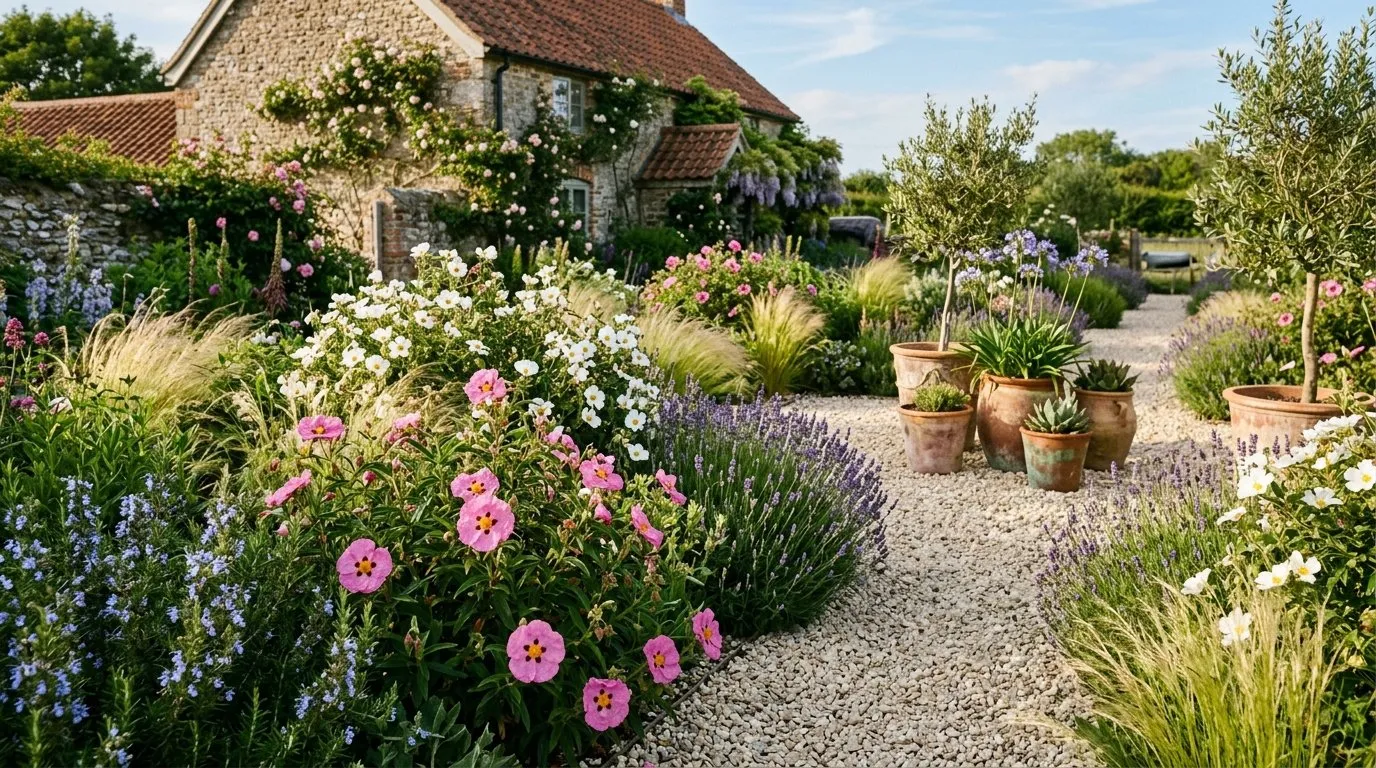 Cistus plants growing in a gravel garden with Mediterranean-style UK planting