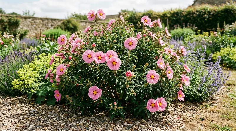 Cistus rock rose shrub covered in pink tissue-paper flowers growing in a sunny UK garden border