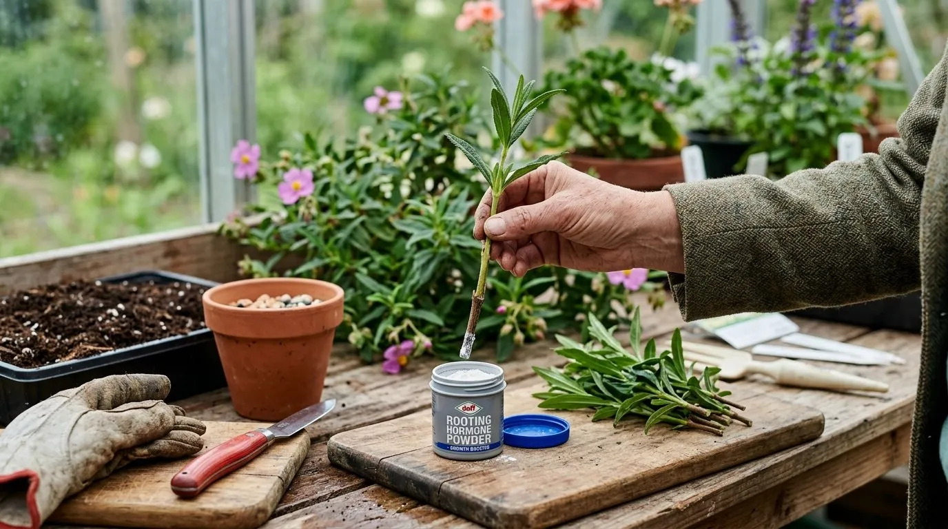 Fresh cistus semi-ripe cuttings taken in July being dipped in rooting hormone before insertion into gritty compost UK propagation