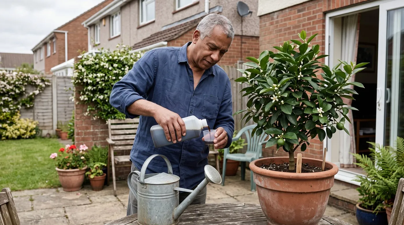 Man measuring liquid citrus feed into a watering can beside a potted lemon tree in flower