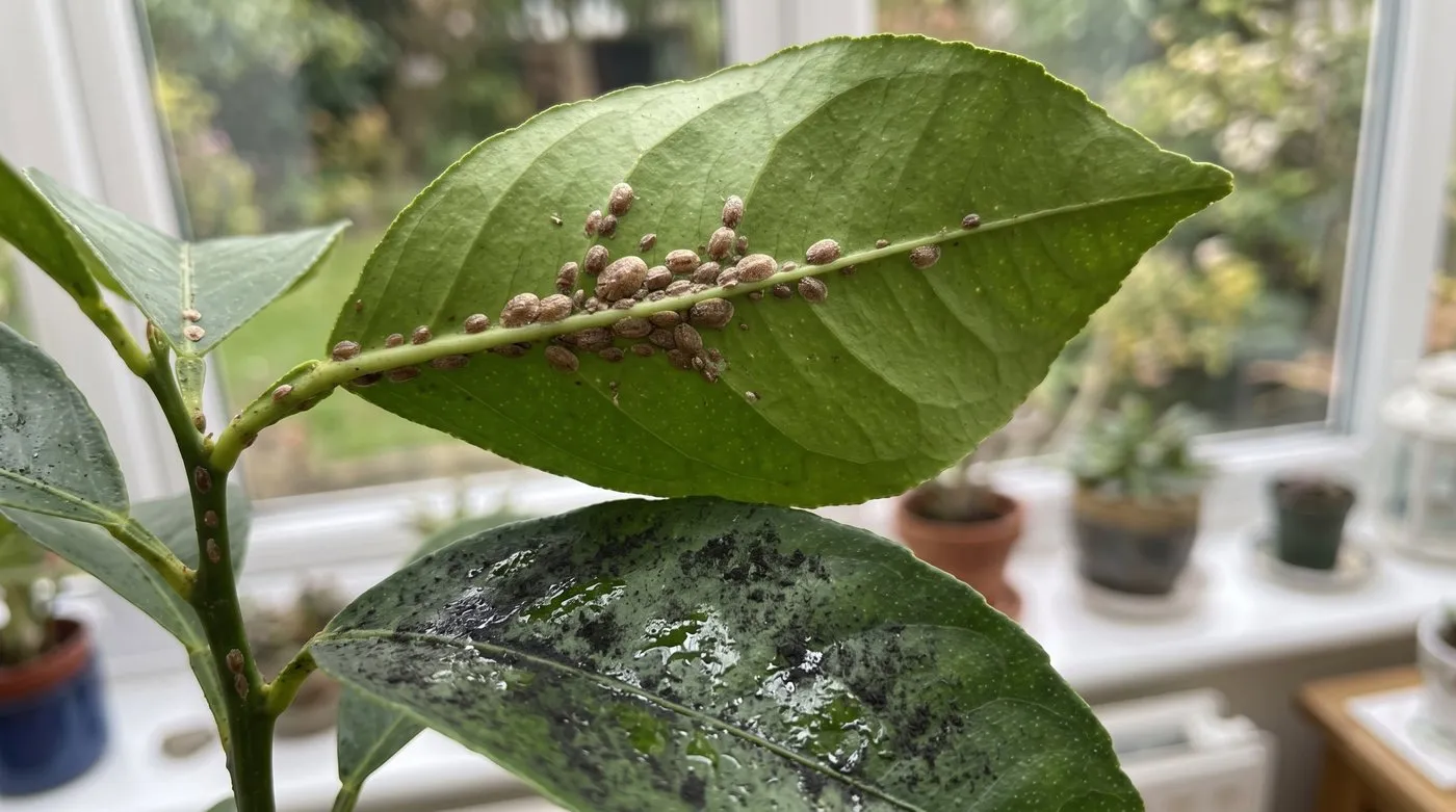 Brown scale insects along a citrus leaf vein with black sooty mould on the leaf below