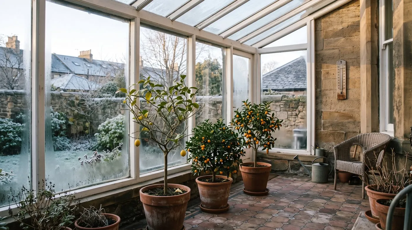 Potted lemon, calamondin and kumquat trees overwintering by the glass in a cool, bright conservatory