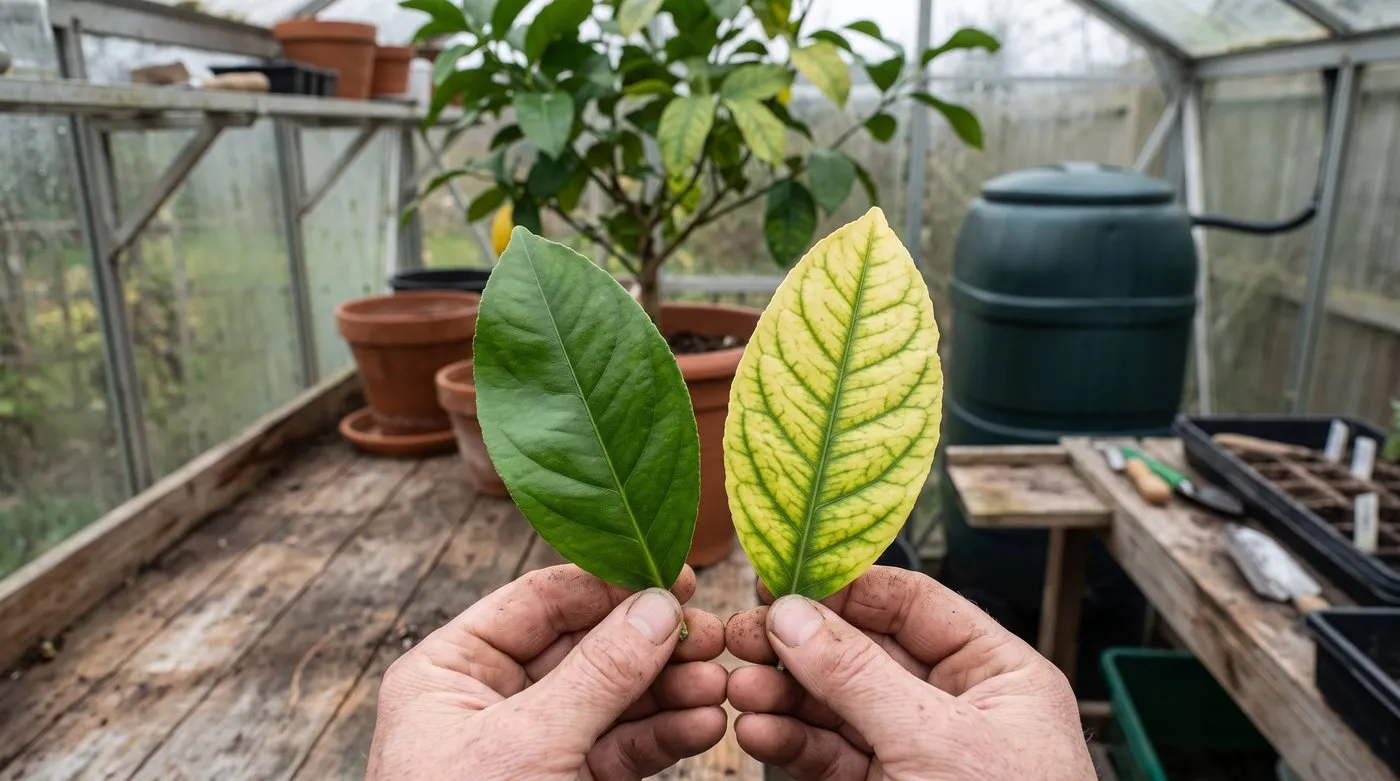 Healthy green lemon leaf beside a yellow lemon leaf with green veins