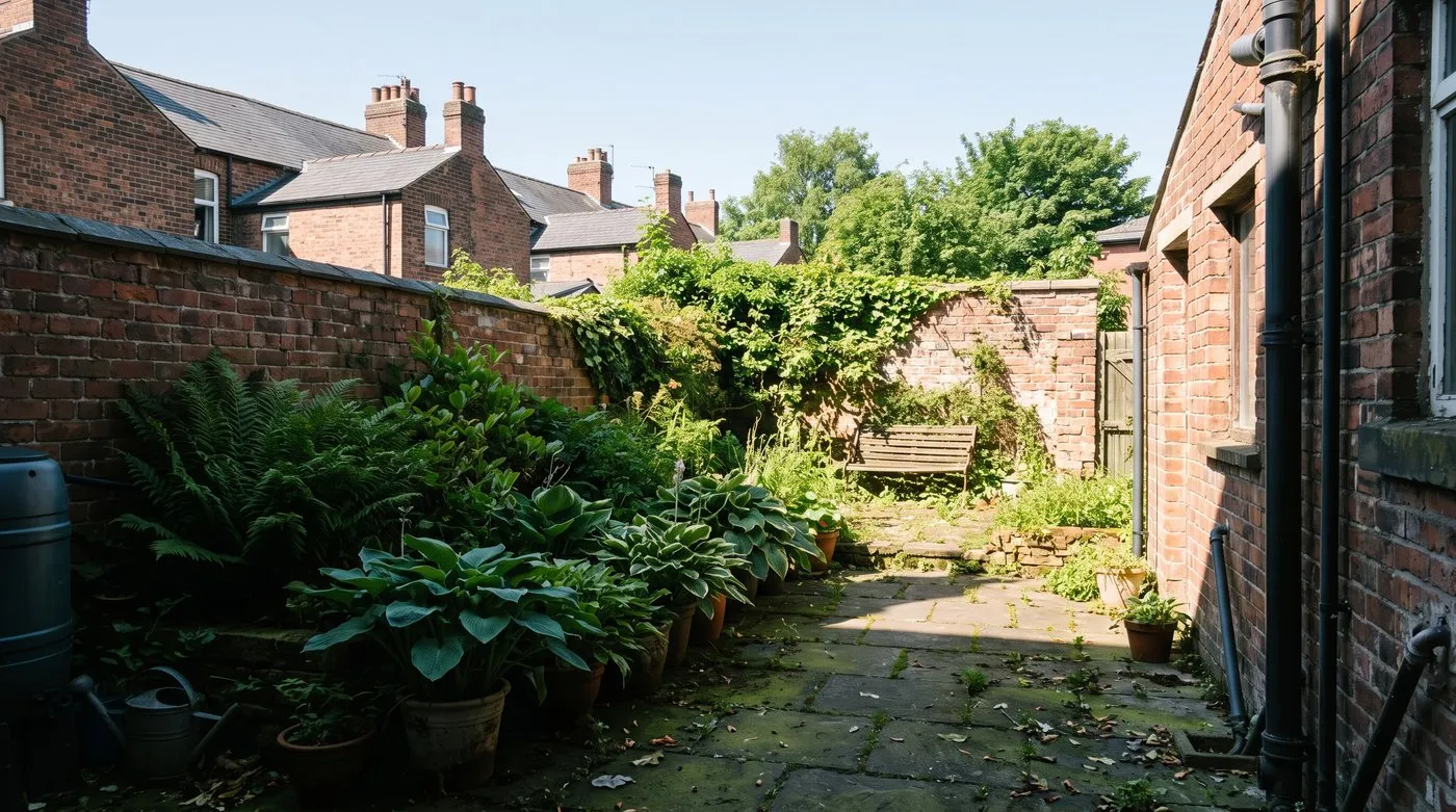 Small terraced back garden half in shadow from neighbouring houses, with ferns in shade and a bench in the sun