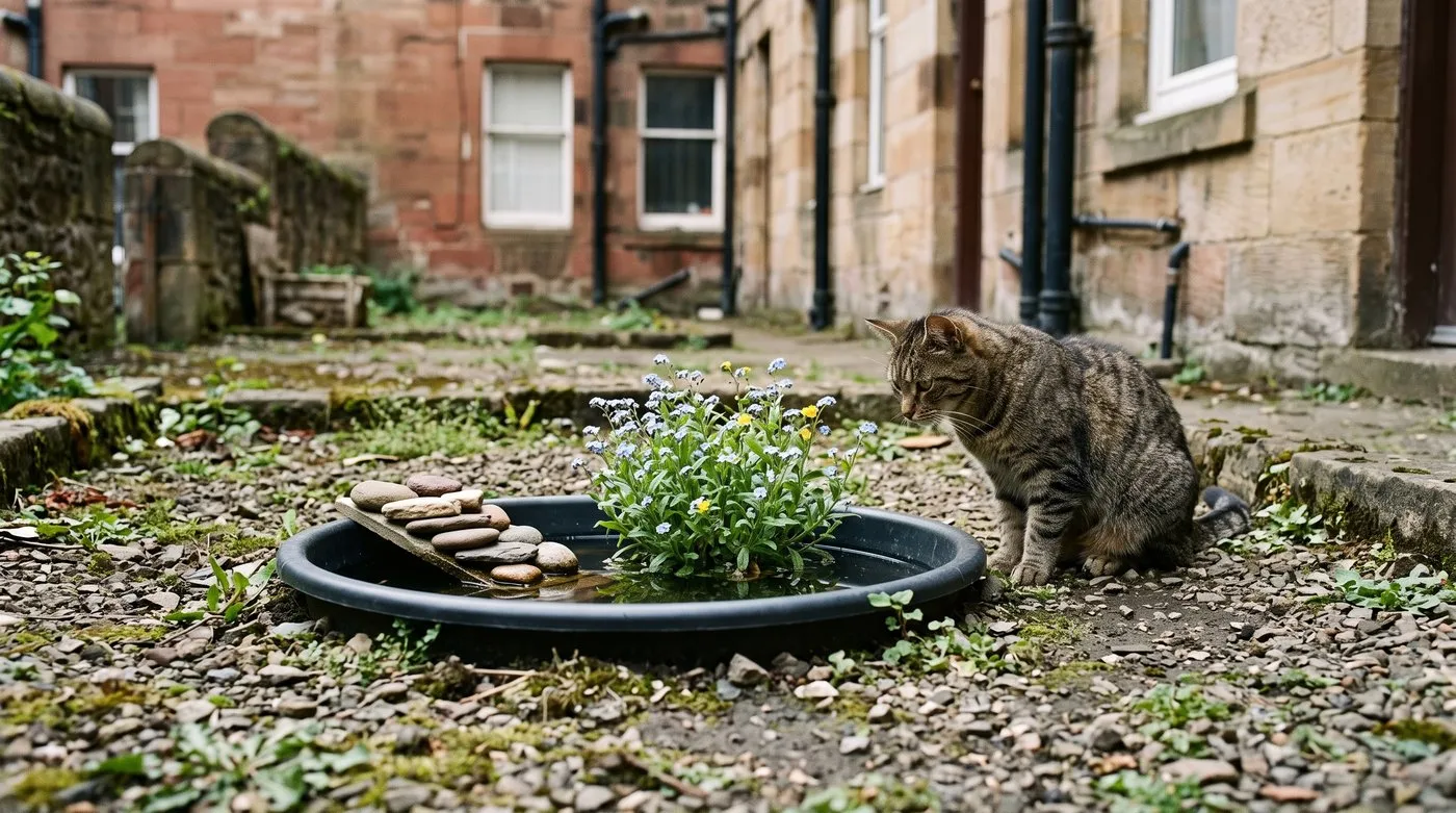 Small sunken bowl pond with a pebble ramp in a city courtyard while a tabby cat looks on