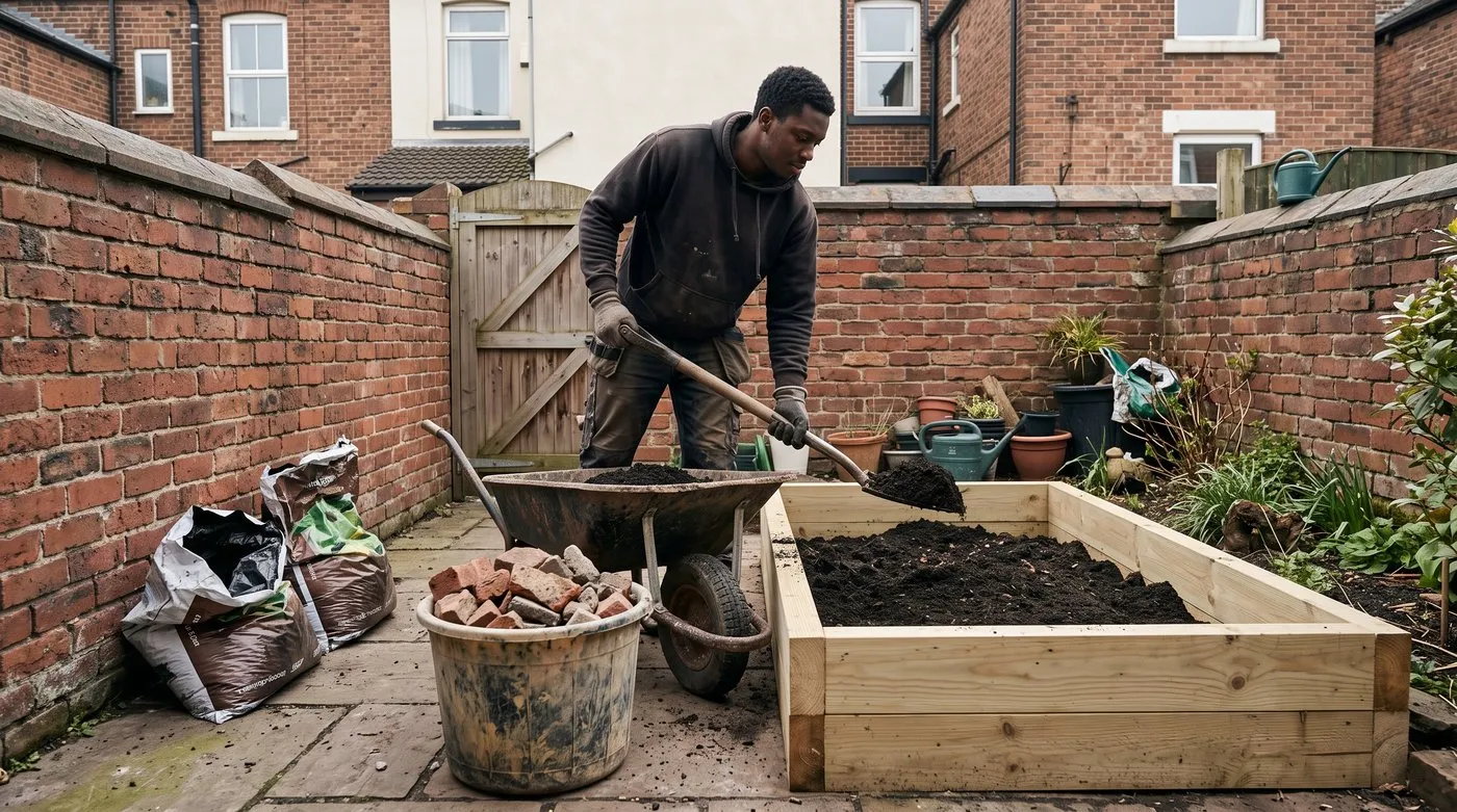 Man filling a new raised bed with compost beside a bucket of rubble dug from a city garden