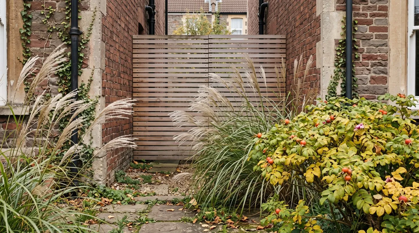 Slatted timber screen across a side passage with ornamental grasses and a rugosa rose in front