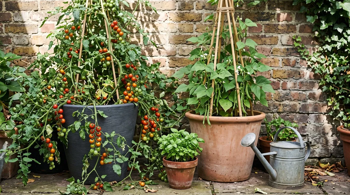 Cherry tomatoes and climbing beans in large pots against a sunny brick wall in a small city yard