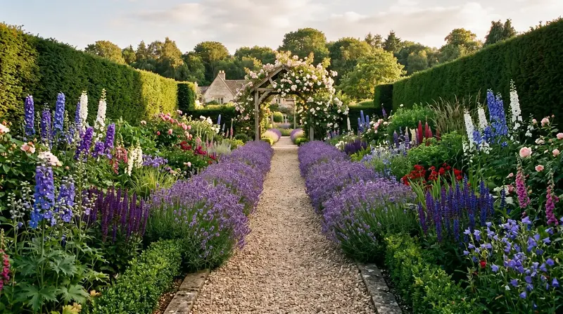 Classic English country garden with yew hedges lavender walk and rose arbour in summer