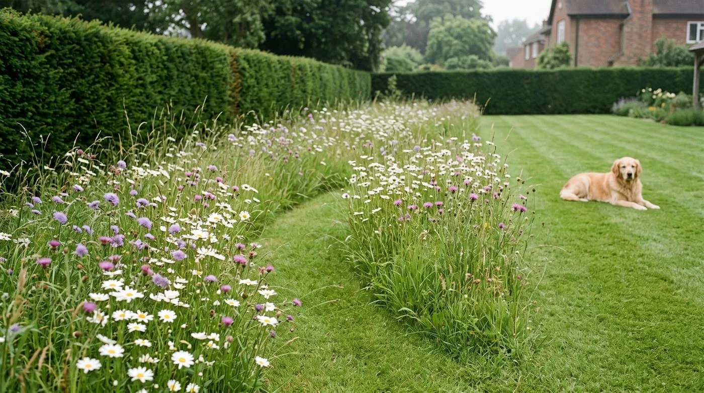 Strip of meadow with ox-eye daisies and scabious beside a mown lawn and yew hedge, with a dog lying nearby