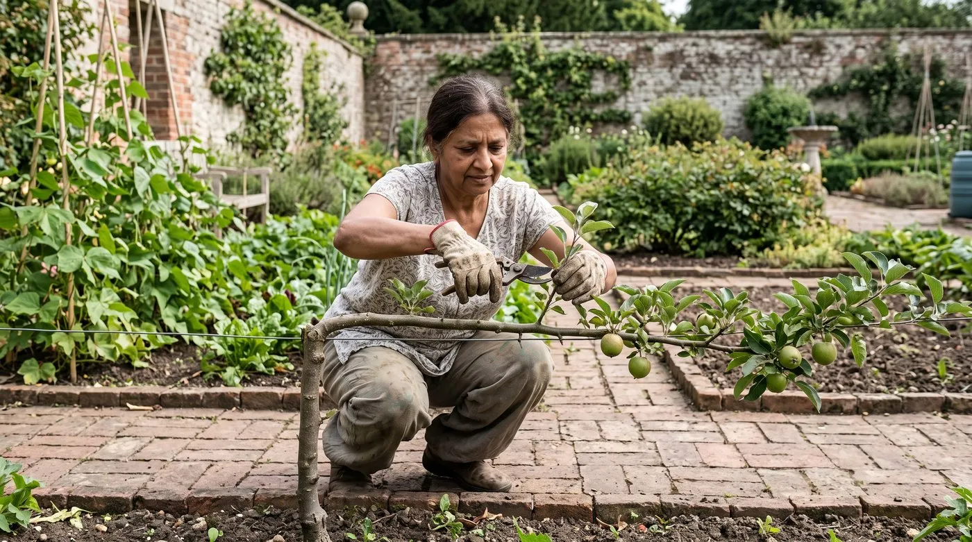 Woman summer-pruning a knee-high step-over apple trained along a wire beside a brick path