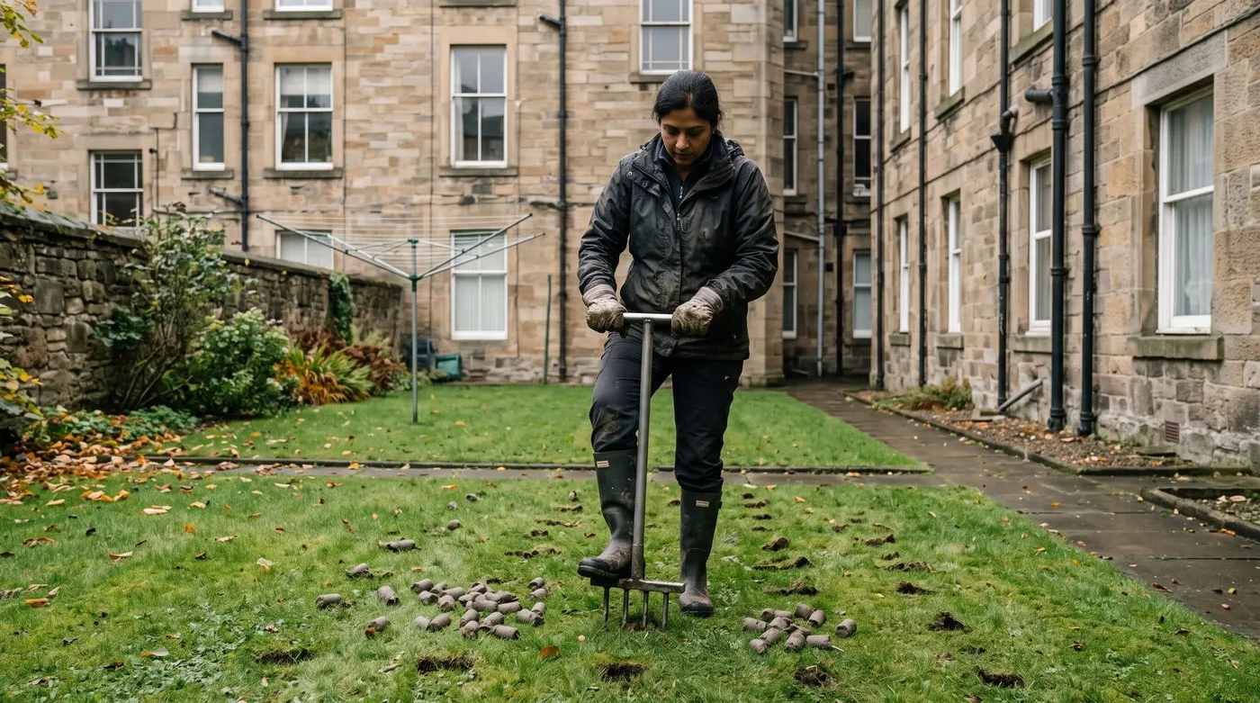 Gardener using a hand hollow-tine corer on a clay lawn, with grey soil plugs scattered on the grass