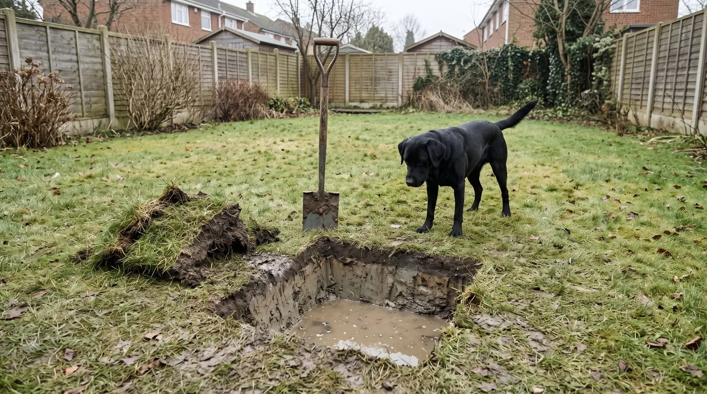 Test hole dug in a clay lawn holding water, with thin topsoil over dense grey clay visible in the sides