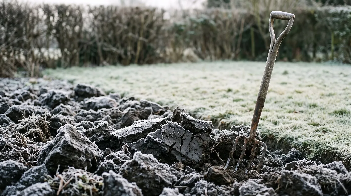 Rough clods of dug clay soil left on the surface and breaking apart in winter frost