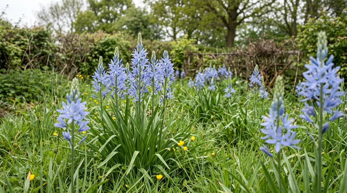 Blue starry camassia bulbs flowering in long grass on damp clay soil in May