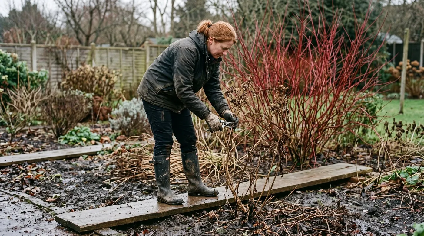 Gardener standing on a plank across a wet clay border to spread her weight while cutting back in winter