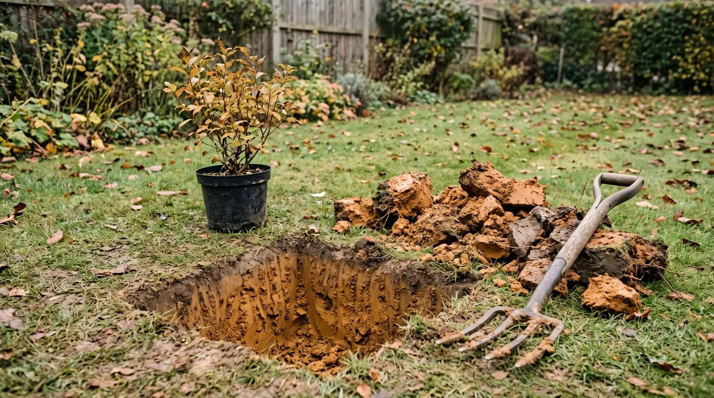 Square planting hole in clay soil with the sides roughened by a fork so water and roots can get out