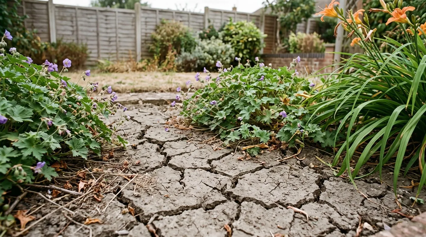 Dry clay soil cracked in summer around established plants in a clay soil border
