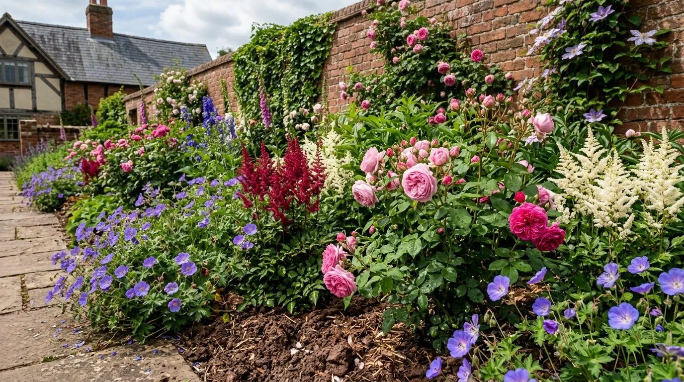 Best plants for clay soil UK showing roses, geraniums and astilbe thriving in heavy Midlands clay