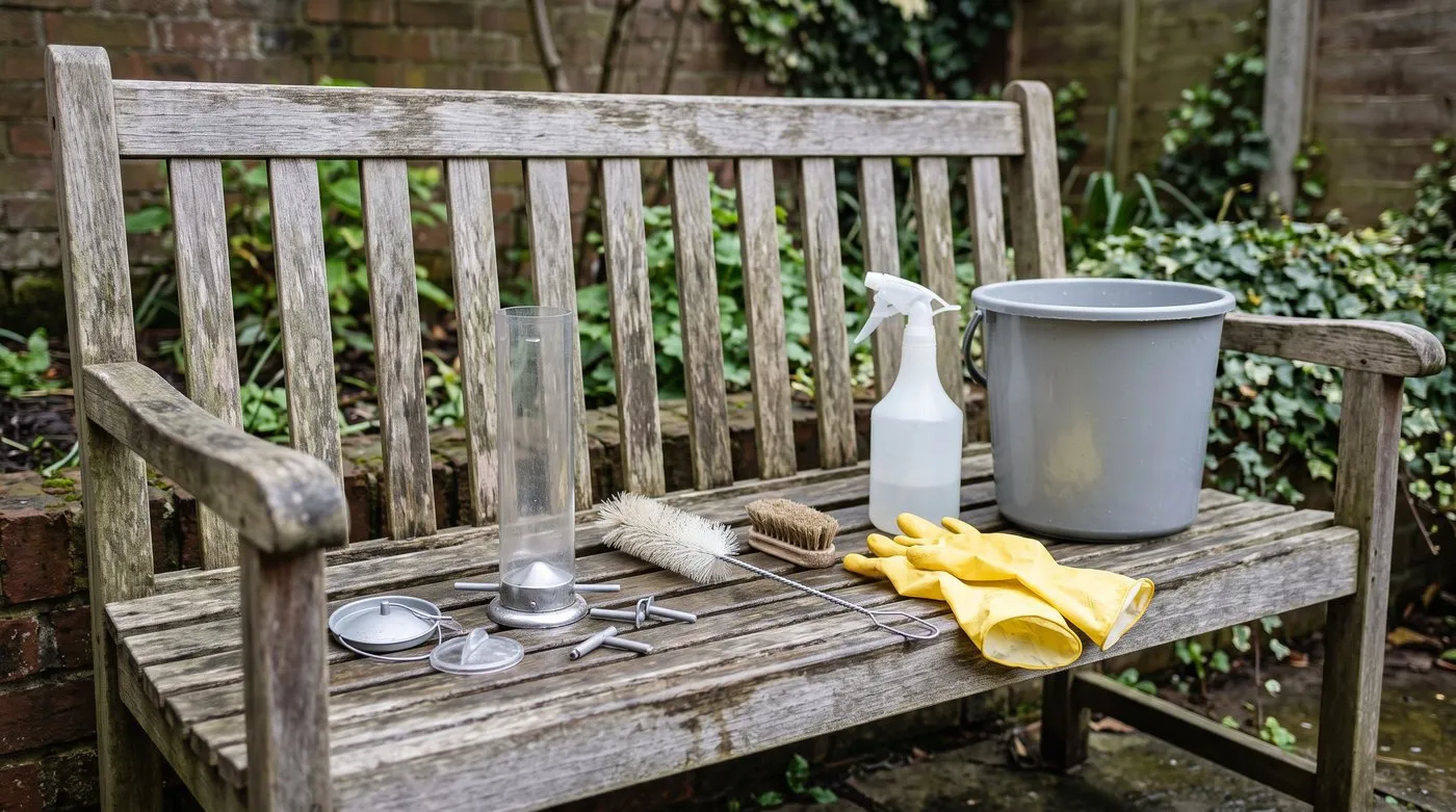 Taken-apart tube bird feeder, bottle brush, rubber gloves and bucket laid out on a garden bench