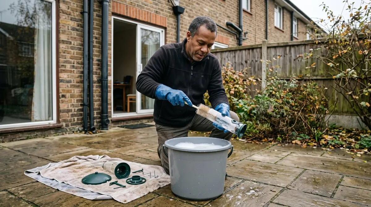 Gardener in rubber gloves scrubbing a tube bird feeder with a bottle brush over a bucket outdoors