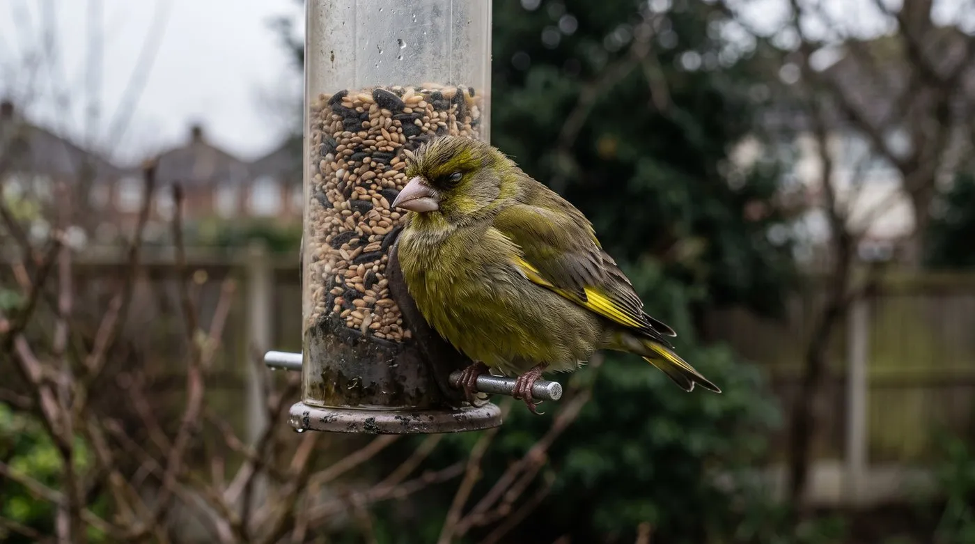 Sick greenfinch sitting fluffed up and hunched on a bird feeder perch with damp feathers round its beak