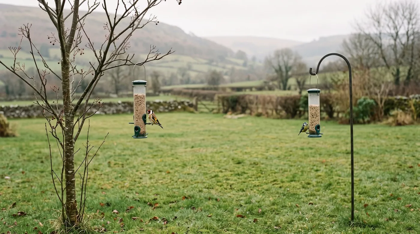 Two tube bird feeders hung several metres apart in a garden, with a goldfinch and blue tit feeding
