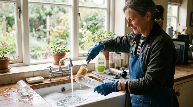 A UK gardener cleaning a tube bird feeder in a sink with a bottle brush and warm soapy water