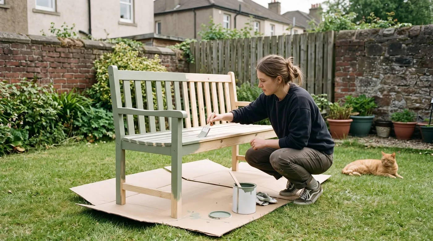 Woman painting a pine garden bench with outdoor wood paint on a dry spring day