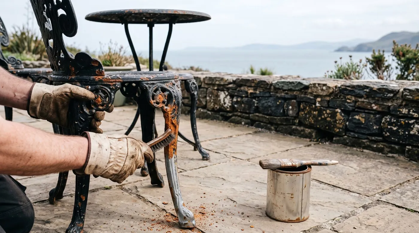 Gloved hands wire-brushing rust from the leg of a cast-iron bistro chair on a seaside patio