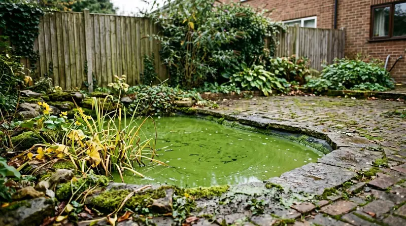 Green pea-soup pond water in a UK garden pond before treatment to clear it